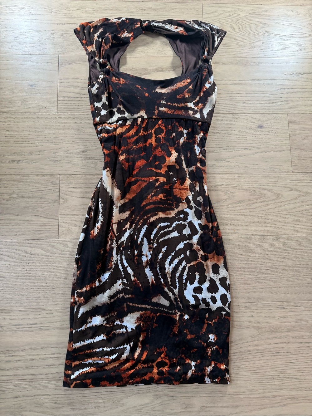 Cache Y2K Animal Print Cutout Dress in Brown and Black